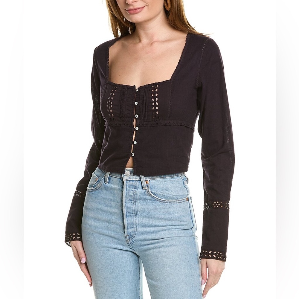FREE PEOPLE Joi Eyelet Crop Black boho blouse romantic small euc